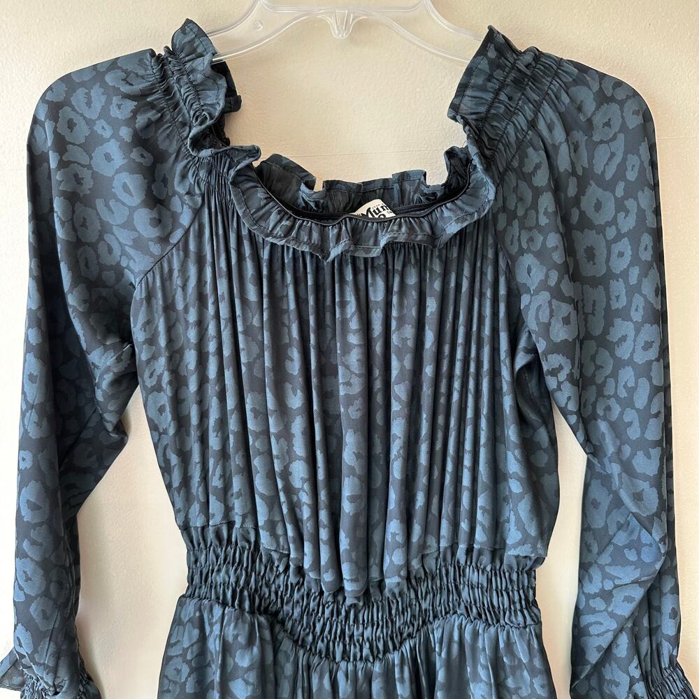Show Me Your MuMu Esmerelda Cheetah Off-the-Shoulder Dress Tiered Blue S Whimsy - Picture 4 of 11